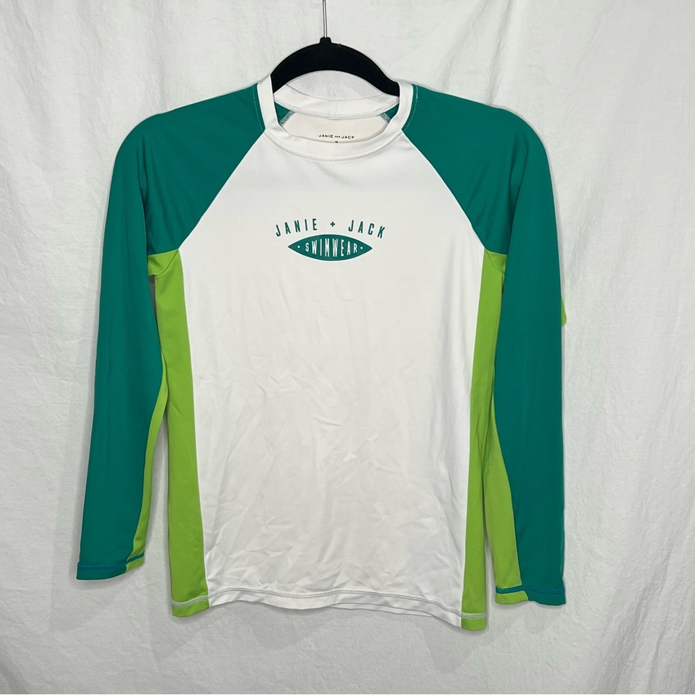 Janie & Jack Sz 10 Rashguard Long Sleeve Swim Top Green‎ White Logo Beach Pool